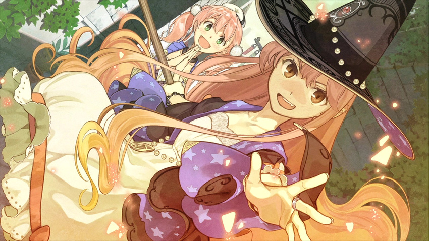 :d atelier_(series) atelier_escha_&amp;_logy blush bracelet dutch_angle embers escha_malier game_cg green_eyes hands_together hat hidari_(left_side) jewelry long_hair multiple_girls official_art open_mouth outdoors outstretched_arm outstretched_hand palms_together pentacle pink_eyes pink_hair ring sidelocks smile star star_print twintails wilbell_voll=erslied witch witch_hat