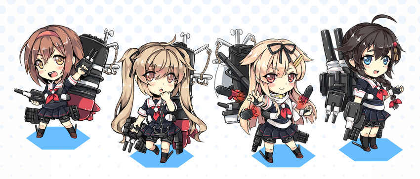 ahoge black_hair black_serafuku blonde_hair blue_eyes braid brown_eyes brown_hair chibi gloves hair_flaps hair_ornament hairband hairclip highres kantai_collection long_hair looking_at_viewer multiple_girls murasame_(kantai_collection) neckerchief north_abyssor open_mouth pleated_skirt red_hairband red_neckwear remodel_(kantai_collection) school_uniform serafuku shigure_(kantai_collection) shiratsuyu_(kantai_collection) short_hair single_braid skirt smile yuudachi_(kantai_collection)