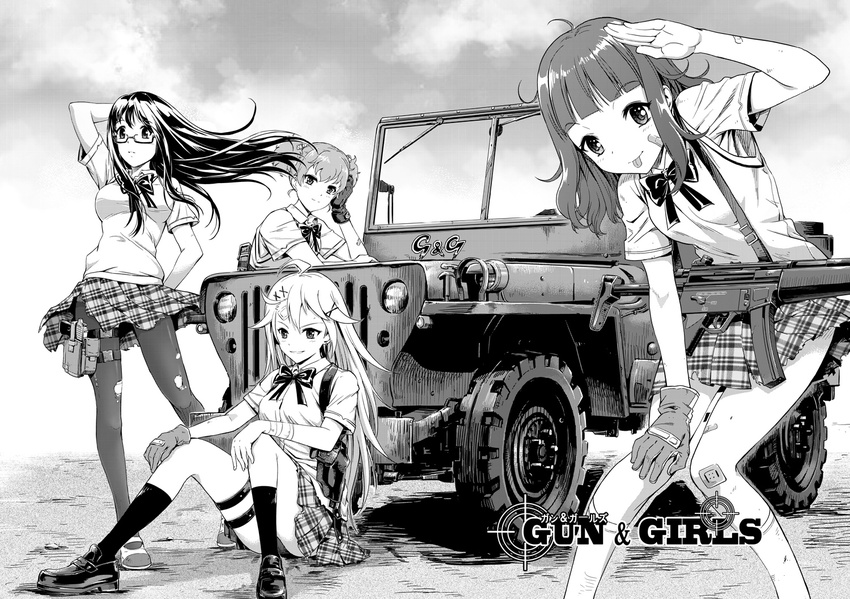 bandages bandaid black_legwear car greyscale ground_vehicle gun h&amp;k_mp5 handgun heckler_&amp;_koch jeep looking_at_viewer military monochrome motor_vehicle multiple_girls nyan_(themare) original pantyhose pistol salute school_uniform skirt submachine_gun tongue tongue_out torn_clothes torn_legwear weapon