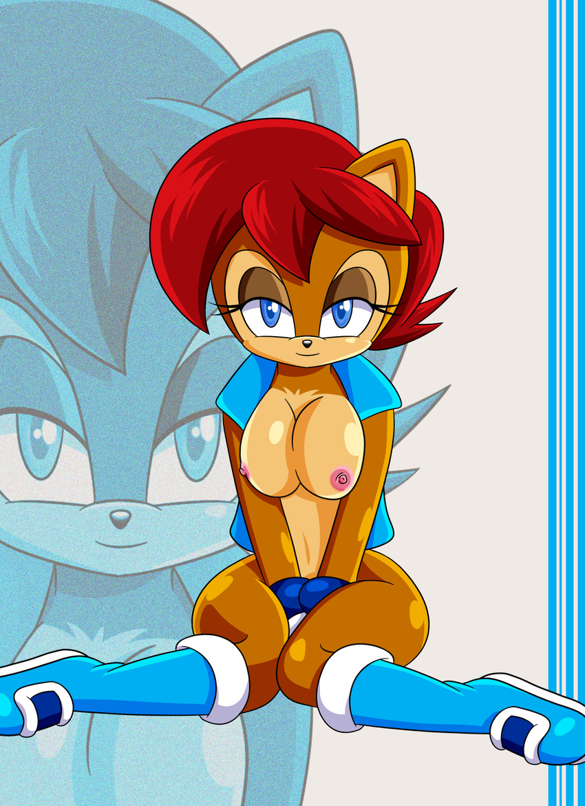absurd_res anthro areola blue_eyes boots breasts brown_fur chipmunk clothing female fur gloves hair half-closed_eyes hi_res looking_at_viewer mammal nipples nude project770 red_hair rodent sally_acorn sega smile solo sonic_(series) vest wide_hips