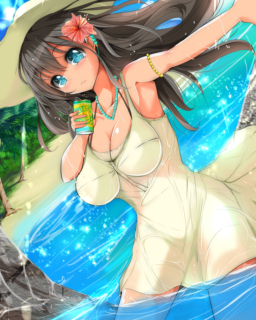absurdres armpits bad_id bad_pixiv_id beach black_hair blue_eyes breasts can collarbone day dress flower hair_flower hair_ornament hat highres jewelry large_breasts long_hair looking_at_viewer necklace original outdoors outstretched_arm palm_tree see-through sleeveless sleeveless_dress soda_can solo sun_hat sundress tree velia water wet wet_clothes wet_dress