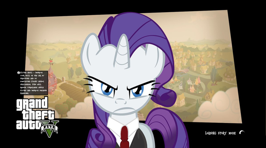 &gt;:d 2014 angry blue_eyes cloud equine farm female feral flare-chaser friendship_is_magic grand_theft_auto_v hair horn horse long_hair looking_at_viewer mammal my_little_pony necktie purple_hair rarity_(mlp) solo suit unicorn village