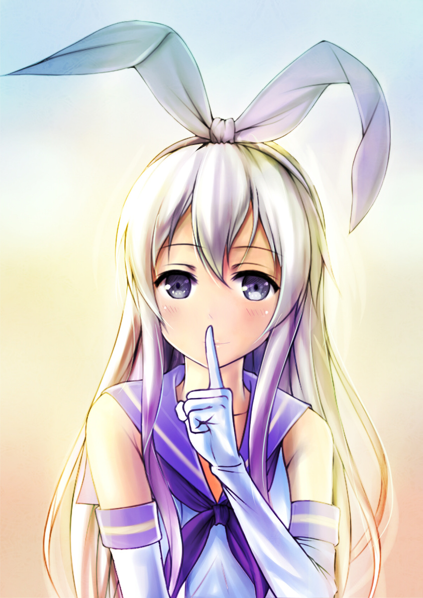 blue_eyes blush elbow_gloves finger_to_mouth flat_chest gloves hairband highres kantai_collection long_hair long_sempei looking_at_viewer shimakaze_(kantai_collection) shushing silver_hair solo white_gloves