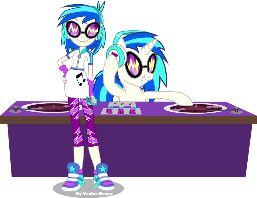 absurd_res alpha_channel arm_warmers blue_hair clothing duo equestria_girls equine eyewear female friendship_is_magic glasses hair headphones hi_res hi_rs horn horse human ipod legwear mammal mp3_player musical_note my_little_pony pony record_player smile sneakers socks stockings sunglasses turntable two_tone_hair unicorn vector-brony vinyl_scratch_(eg) vinyl_scratch_(mlp)