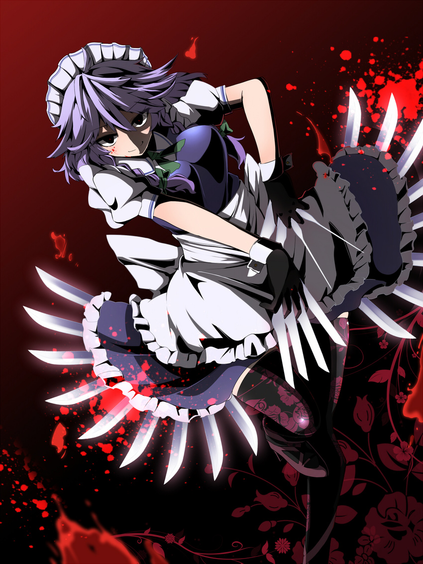 blood blood_on_face blood_splatter bloody_clothes bow braid double_dealing_character floral_print flower gloves hair_bow highres izayoi_sakuya knife maid maid_headdress red_eyes ribbon rihito_(usazukin) rose short_hair silver_hair smile solo touhou twin_braids