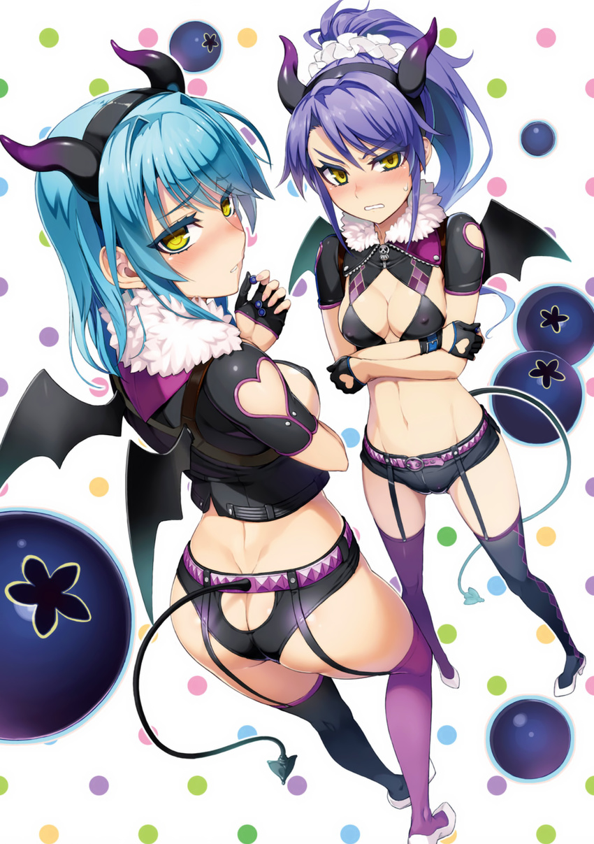 ass ass_cutout asymmetrical_legwear bangs belt black_gloves black_hairband black_legwear black_wings blue_hair blush breast_hold breasts butt_crack cleavage covered_nipples crossed_arms demon_horns demon_tail dimples_of_venus fake_horns fake_tail fake_wings fingerless_gloves foreshortening fur_trim garter_straps gloves hairband heart_cutout high_heels highres horns long_hair looking_back medium_breasts midriff mismatched_legwear multiple_girls nail_polish navel nonaka_kurumi nonaka_yuki nose_blush ookuma_(nitroplus) parted_lips polka_dot polka_dot_background ponytail purple_hair purple_legwear scan shinmai_maou_no_testament shiny shiny_skin short_shorts shorts siblings sideboob sisters sweatdrop swept_bangs tail thighhighs wings yellow_eyes