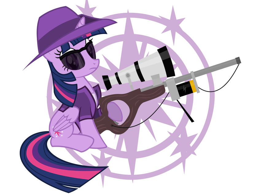 clothing cutie_mark equine eyewear female feral friendship_is_magic fur glasses gun hair hat hi_res hobofortress horn mammal multi-colored_hair my_little_pony plain_background purple_eyes purple_fur purple_hair ranged_weapon rifle sniper sniper_(team_fortress_2) solo sunglasses team_fortress_2 twilight_sparkle_(mlp) weapon white_background winged_unicorn wings