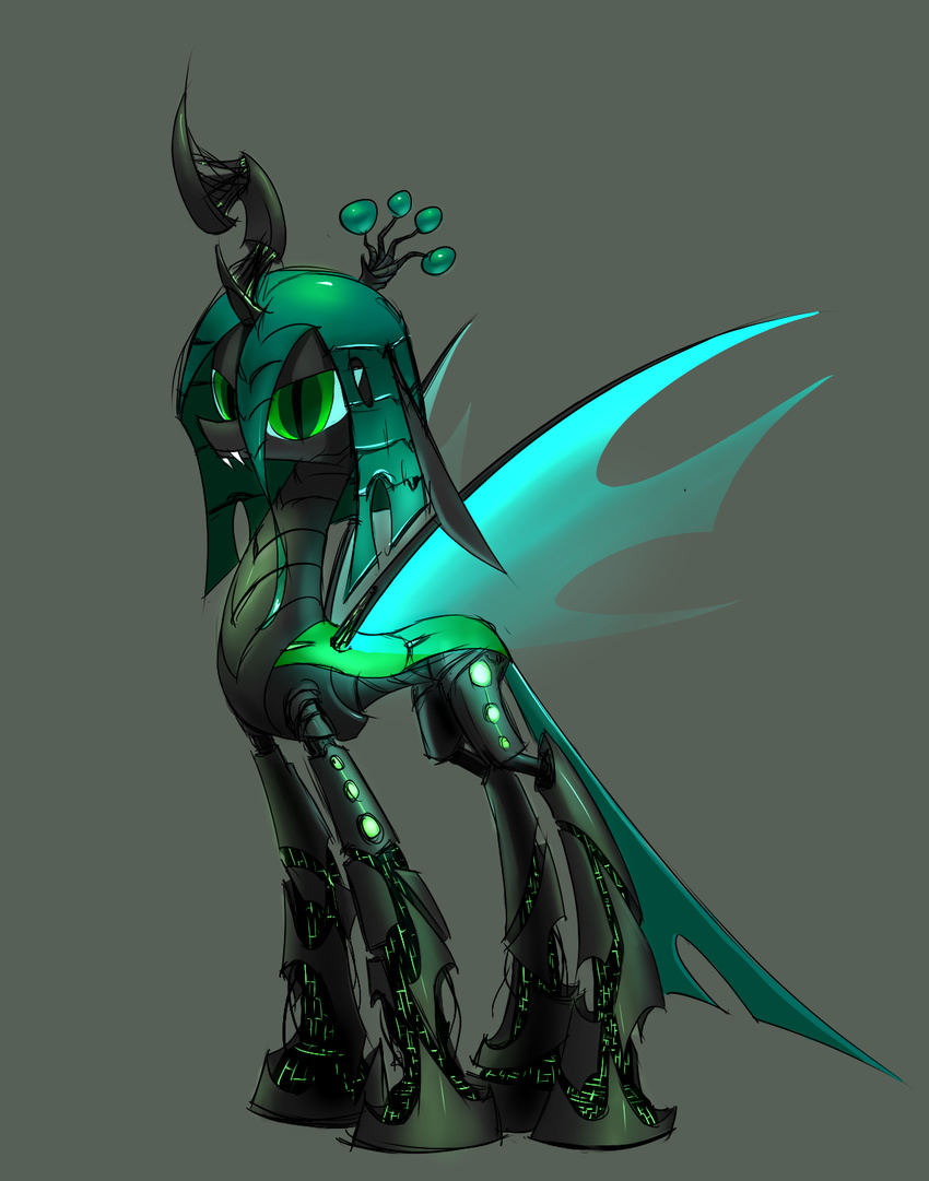 changeling fangs female friendship_is_magic green_eyes green_hair hair horn looking_at_viewer machine mechanical my_little_pony queen_chrysalis_(mlp) robot slit_pupils solo standing underpable wings