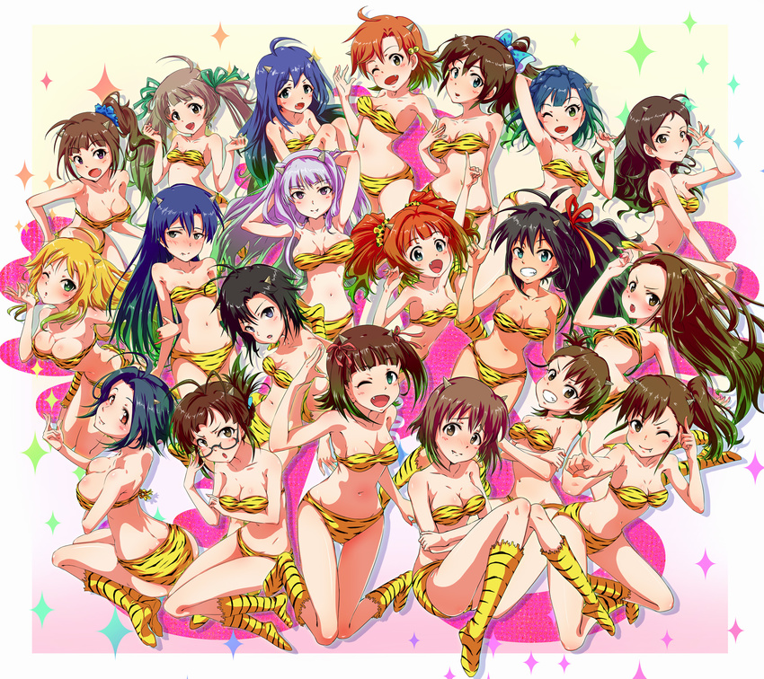 ahoge akizuki_ritsuko amami_haruka animal_print armpits arms_behind_back ass bandeau bikini blown_kiss blush bow breasts character_request cleavage clenched_teeth cosplay fang full-face_blush futami_ami futami_mami ganaha_hibiki glasses grin hagiwara_yukiho hair_bow hair_ribbon hakozaki_serika highres horns hoshii_miki idolmaster idolmaster_(classic) idolmaster_million_live! kikuchi_makoto kisaragi_chihaya kitazawa_shiho kurotora865_90 long_hair looking_at_viewer looking_back lum lum_(cosplay) medium_breasts minase_iori miura_azusa mochizuki_anna multiple_girls nanao_yuriko navel one_eye_closed open_mouth pointing ribbon satake_minako shijou_takane shiny shiny_skin short_hair small_breasts smile swimsuit takatsuki_yayoi teeth thigh_gap tiger_print twintails urusei_yatsura yabuki_kana yokoyama_nao