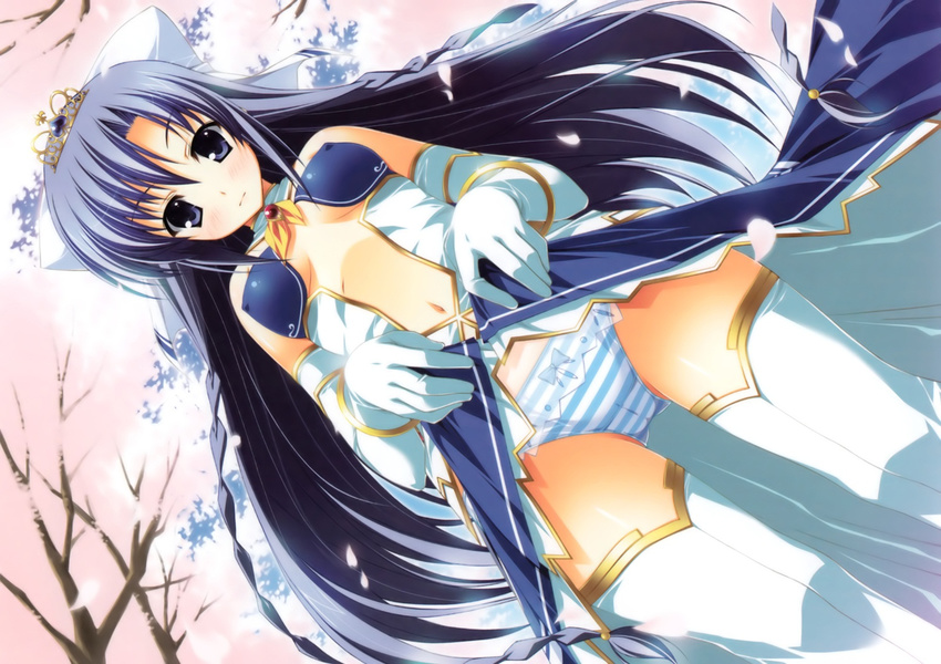 blue_eyes bow bow_panties braid cherry_blossoms daiuchuu_no_hokori elbow_gloves from_below gloves highres long_hair maria_do_arcadia navel outdoors panties solo striped striped_panties thighhighs underwear white_legwear