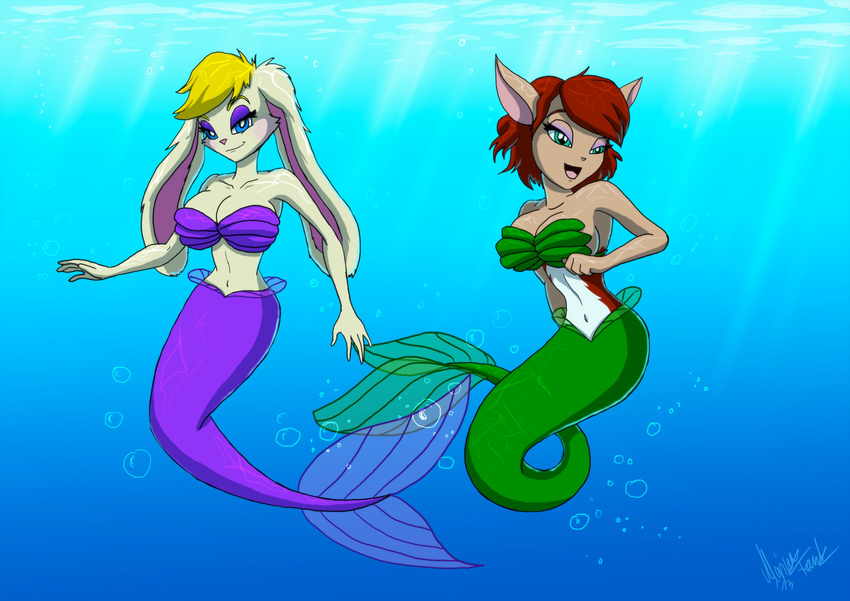 absurd_res bianca big_breasts blonde_hair breasts bubble desire duo elora eyeshadow fantasyisland faun female fish_tail fun hair half-closed_eyes hi_res lagomorph makeup mammal mermaid navel no_feet open_mouth rabbit red_hair sea signature spyro_the_dragon swim tongue underwater video_games water yunaki