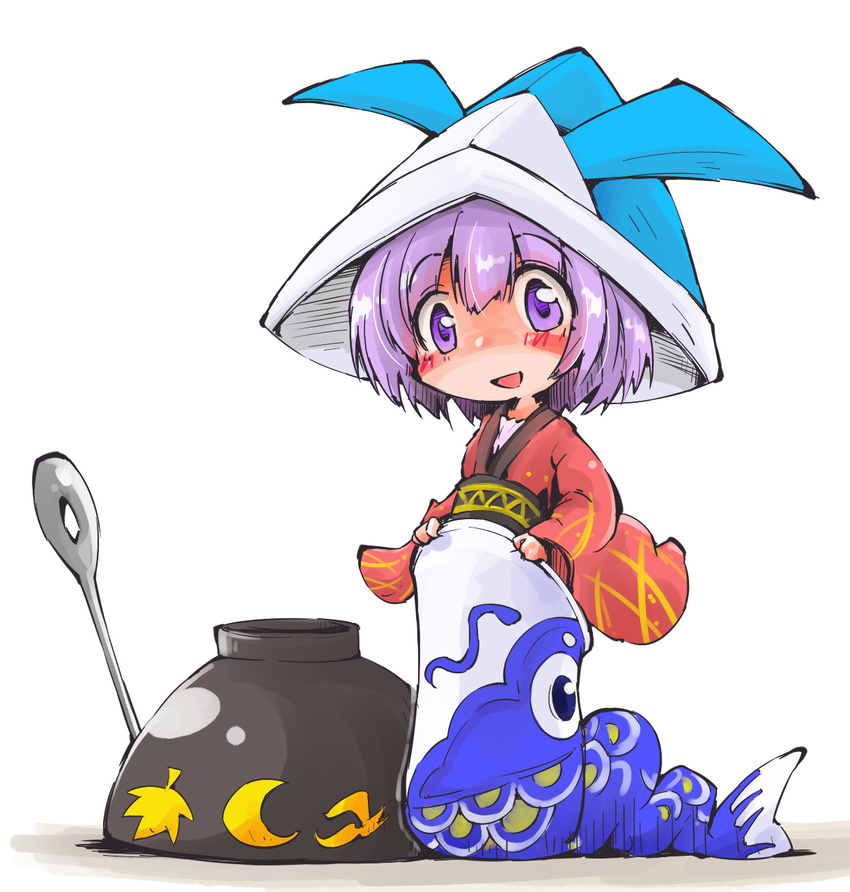alternate_bottom_wear alternate_headwear bowl commentary_request fish_costume hat hat_removed headwear_removed highres japanese_clothes kimono kodomo_no_hi koinobori long_sleeves looking_at_viewer needle obi open_mouth origami paper_hat paper_kabuto purple_eyes purple_hair sash shinapuu simple_background smile solo sukuna_shinmyoumaru touhou white_background wide_sleeves