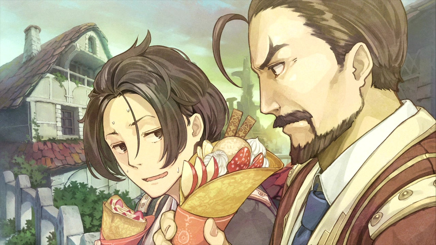 ahoge atelier_(series) atelier_escha_&amp;_logy beard brown_eyes brown_hair building colland_grumman crepe day facial_hair father_and_son food game_cg hidari_(left_side) holding house multiple_boys official_art open_mouth outdoors profile short_hair solle_grumman sweat upper_body wavy_mouth