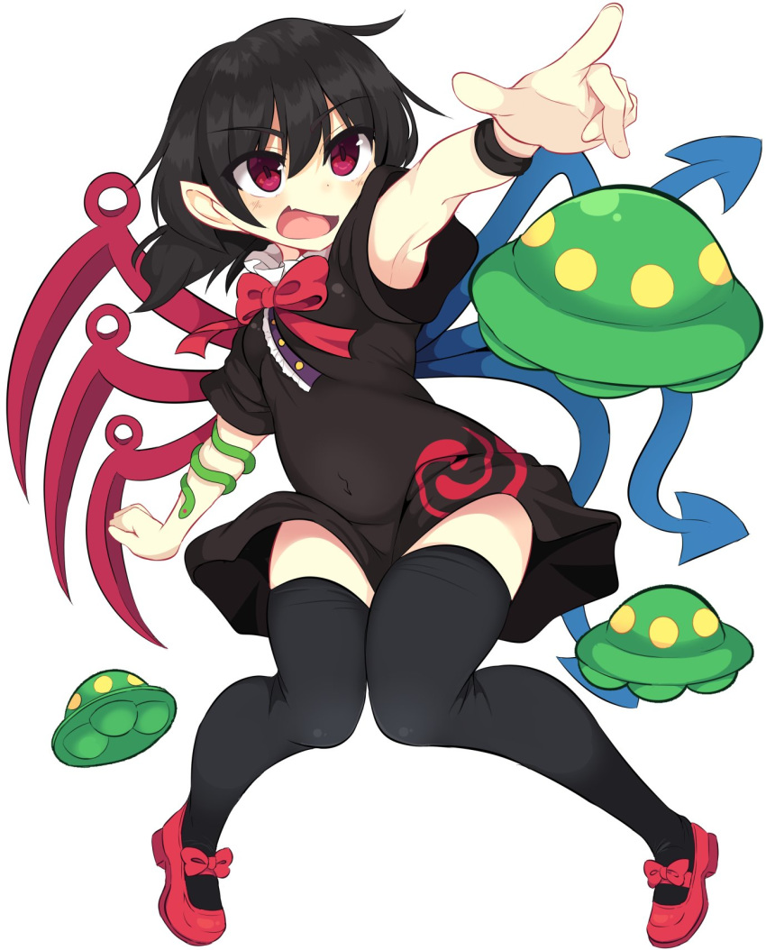 1girl armpits asymmetrical_wings bangs black_dress black_hair black_legwear blue_wings blush bow bowtie center_frills clenched_hand commentary_request covered_navel dress eyebrows_visible_through_hair full_body hair_between_eyes highres houjuu_nue lolimate looking_at_viewer mary_janes open_mouth outstretched_arm pointy_ears red_bow red_eyes red_footwear red_neckwear red_wings shoes short_dress short_hair short_sleeves simple_background snake solo thighhighs thighs touhou ufo white_background wings wristband zettai_ryouiki