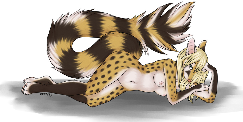 anthro arya arya_(genetta) arya_(phreaq) breasts cute eura female genet hi_res looking_at_viewer markings nude pinup socks_(marking) solo spots