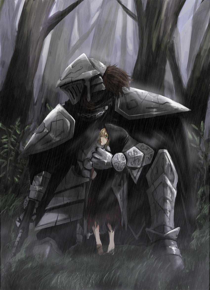 1girl arm_around_shoulder armor blonde_hair blush brown_hair chain cloak forest green_eyes helmet highres hood kirisame_tarou knight looking_to_the_side nature one_knee original rain size_difference standing sword tree weapon