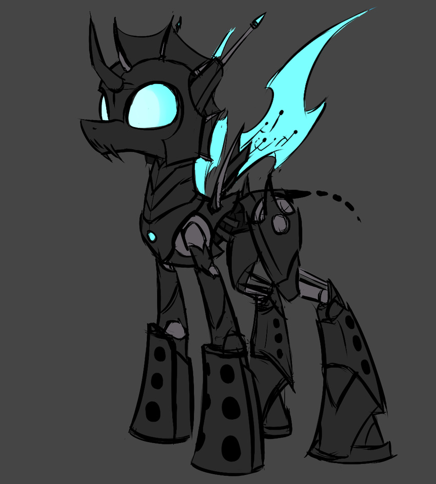 blue_eyes changeling fangs friendship_is_magic horn machine mechanical my_little_pony plain_background robot solo standing underpable wings