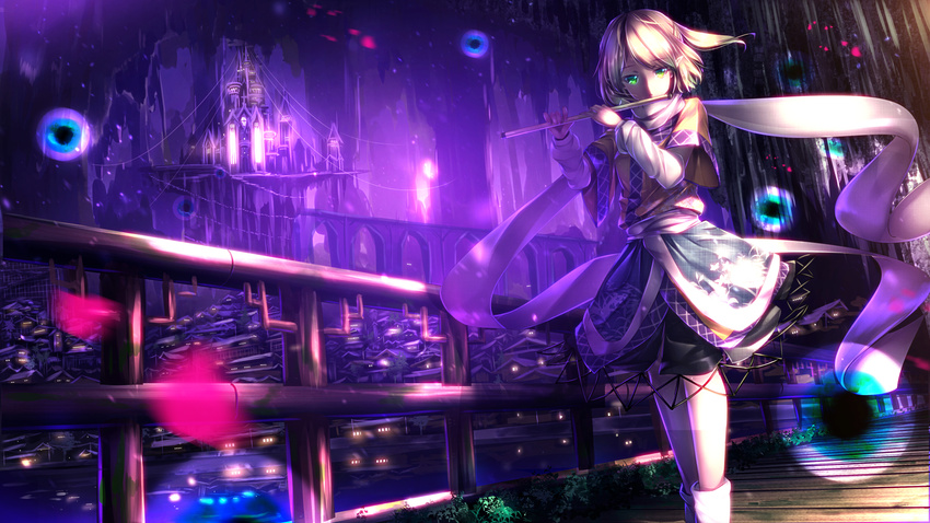arm_warmers blonde_hair bridge building castle dress flute green_eyes highres instrument kneehighs looking_at_viewer mizuhashi_parsee petals pointy_ears railing reflection revision river ryosios scarf short_hair solo touhou