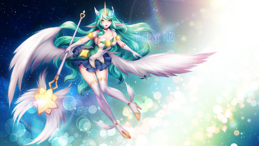 1girl alternate_costume alternate_skin_color animal_ears armlet bare_shoulders blue_skirt boots breasts cleavage feathers gloves green_eyes green_hair high_heel_boots high_heels holding holding_staff horn league_of_legends lipstick long_hair looking_at_viewer magical_girl makeup miniskirt open_mouth pleated_skirt ruzi skirt soraka staff star_guardian_(league_of_legends) star_guardian_soraka thigh_boots thighhighs very_long_hair white_gloves white_legwear wings