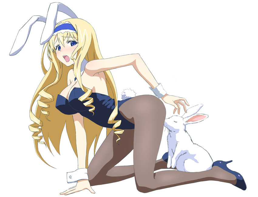a_(under-drawing) all_fours animal_ears blonde_hair blue_eyes blue_leotard breasts bunny bunny_ears bunny_tail bunnysuit cecilia_alcott cleavage detached_collar high_heels highres infinite_stratos large_breasts leotard long_hair long_legs pantyhose tail wrist_cuffs