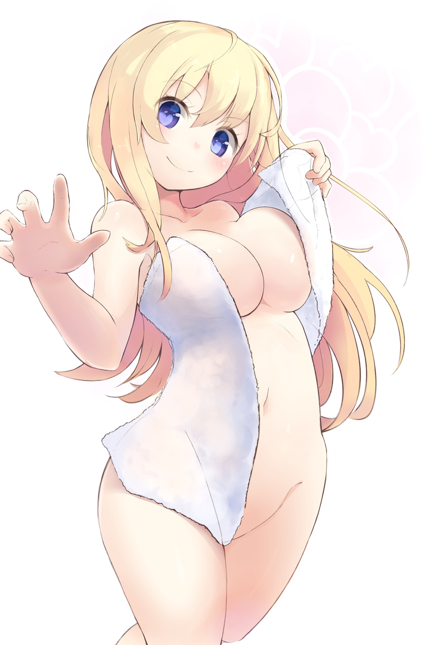 blonde_hair blue_eyes blush breasts covering heart heart-shaped_pupils highres large_breasts long_hair navel nude_cover open_towel original simple_background smile solo symbol-shaped_pupils towel white_background zi_(mumei)