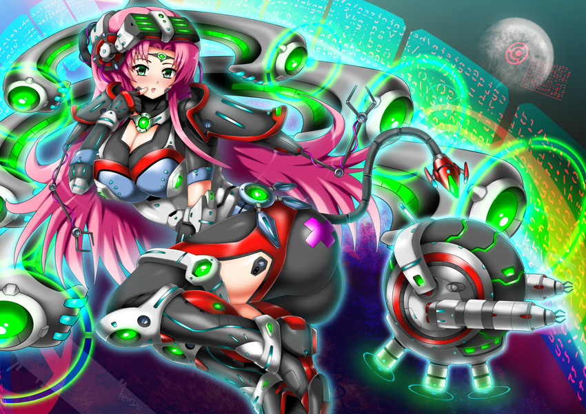 1girl armor artist_request ass bandage blush breasts chestnut_mouth cleavage fingerless_gloves gloves green_eyes keiryu long_hair looking_at_viewer lying mecha_musume on_side original pink_hair tail very_long_hair visor
