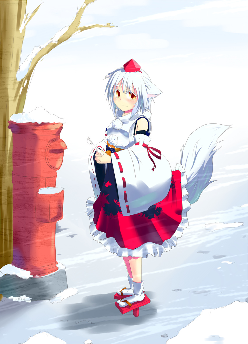 animal_ears blush embarrassed hat highres inubashiri_momiji letter looking_at_viewer orange_eyes pom_pom_(clothes) shirt short_hair silver_hair skirt snow solo tail tokin_hat touhou tree white_shirt winter wolf_ears wolf_tail