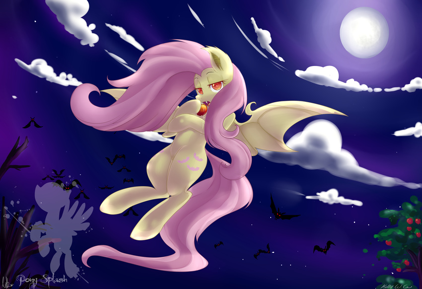 absurd_res apple apple_juice bat bat_pony bat_wings cloud dripping eating equine fangs female flutterbat_(mlp) fluttershy_(mlp) flying friendship_is_magic fruit hi_res kakashischika looking_at_viewer mammal messy_hair moon my_little_pony night outside pegasus red_eyes saliva sky solo tree vampire wings