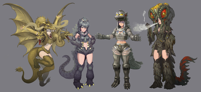 black_hair blonde_hair blue_eyes cigarette claws cosplay extra_eyes fingerless_gloves frown gloves godzilla godzilla_(series) grey_background hands_on_hips hedorah highres kaijuu king_ghidorah long_hair machinery md5_mismatch mechagodzilla monster multiple_girls navel orange_eyes outstretched_arms personification purple_hair red_sclera scales short_hair simple_background smirk smoke smoking spread_arms standing tail urasato wavy_mouth wings