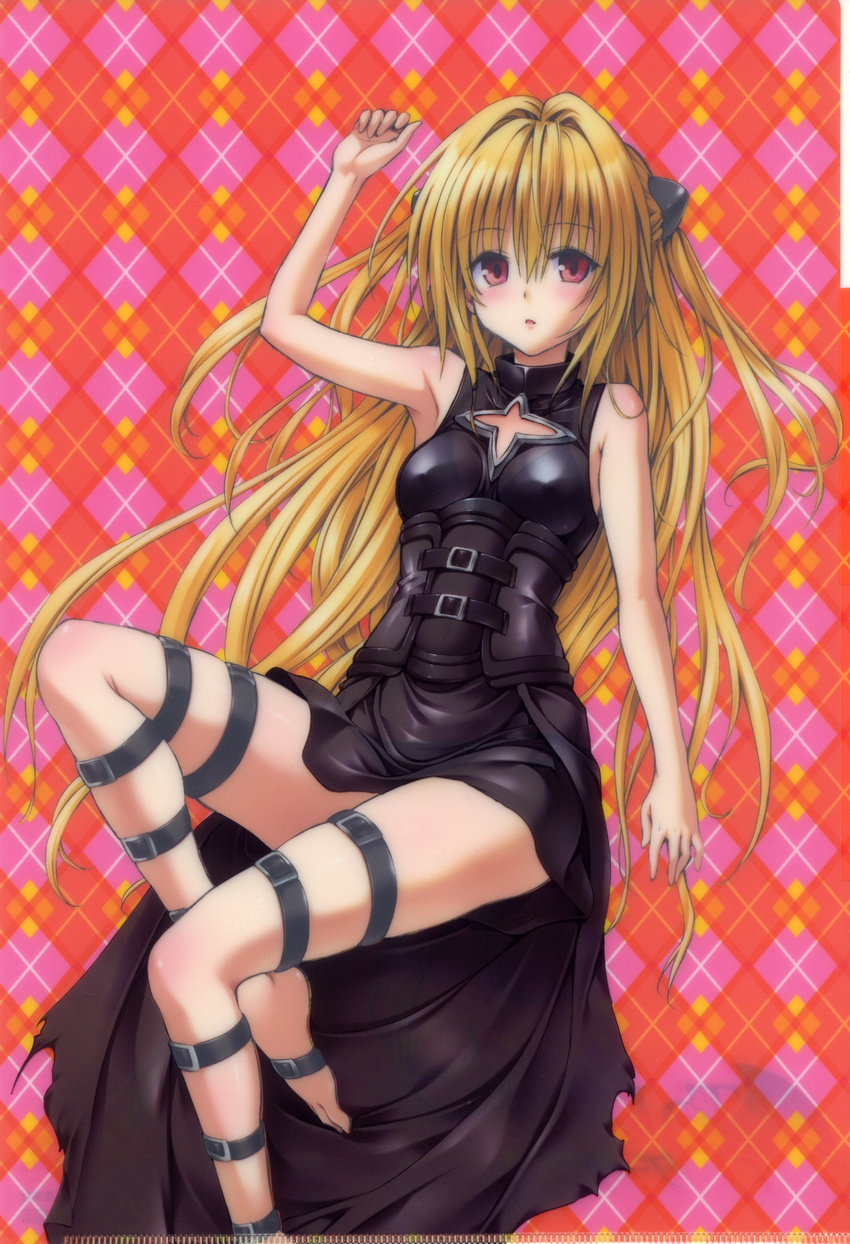 1girl absurdres argyle argyle_background arm_up armpits arms bangs bare_shoulders barefoot belt black_dress blonde_hair blush body_blush cleavage_cutout collarbone corset dress feet female hair_between_eyes hair_intakes hair_ornament hands highres knees konjiki_no_yami legs legs_bent lips long_hair long_image looking_at_viewer lying official_art on_back open_mouth red_eyes scan shiny shiny_clothes shiny_hair skindentation tall_image thigh_strap thighs to_love-ru toes turtleneck very_long_hair yabuki_kentarou