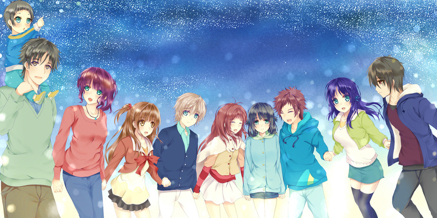 5girls bad_id bad_pixiv_id capelet carrying child everyone highres hiradaira_chisaki hisanuma_sayu holding_hands hood hoodie isaki_kaname kihara_tsumugu morizono_shiki mukaido_manaka multiple_boys multiple_girls nagi_no_asukara sakishima_akari sakishima_hikari shiodome_akira shiodome_itaru shiodome_miuna shoulder_carry thighhighs