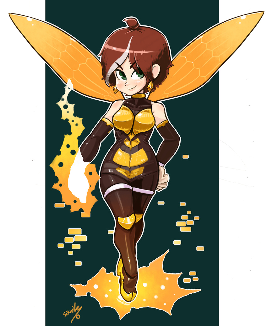 1girl avengers bare_shoulders bee_costume chibi detached_sleeves disk_wars_avengers earrings full_body green_eyes highres insect_wings janet_van_dyne jewelry looking_at_viewer marvel multicolored_hair outside_border sarikyou smile solo wasp_(marvel) wings