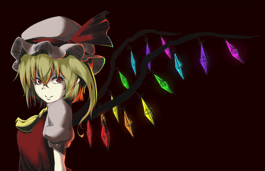 ascot blonde_hair dark_background flandre_scarlet hat looking_at_viewer mob_cap red_eyes ribbon shika_miso short_hair short_sleeves side_ponytail smile solo touhou wings