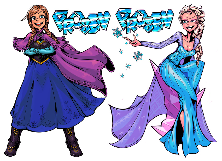 anna_(frozen) bad_id bad_pixiv_id blonde_hair blue_eyes braid breasts cleavage copyright_name dress elsa_(frozen) frozen_(disney) highres long_hair medium_breasts multiple_girls siblings side_slit sisters smile tagane twin_braids