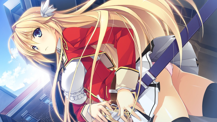 black_legwear blonde_hair blue_eyes dutch_angle elcia_harvence game_cg koikishi_purely_kiss long_hair long_sleeves outdoors panties pink_panties solo sword thighhighs underwear weapon yuuki_hagure