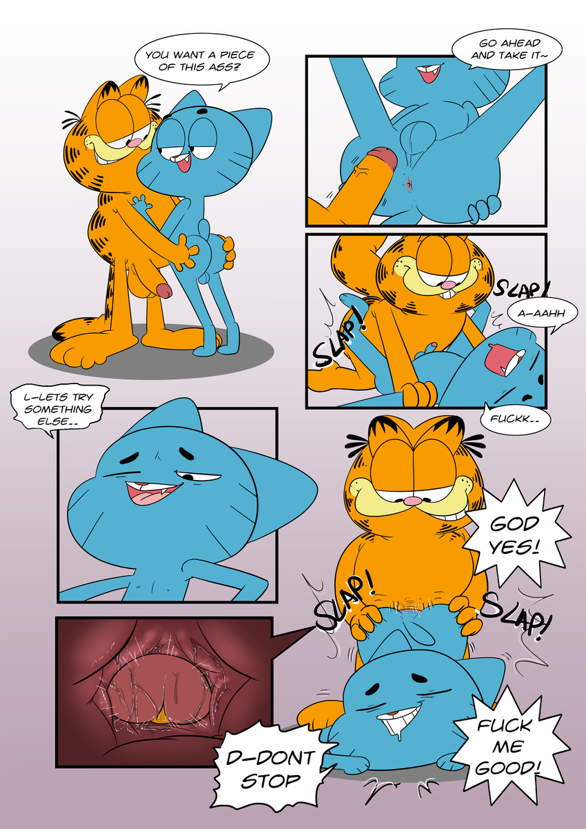 anal_penetration anus balls blue_fur brown_fur butt cat dialog duo english_text feline fur garfield gay gumball_watterson inviting jerseydevil male mammal penetration penis sex spreading text the_amazing_world_of_gumball