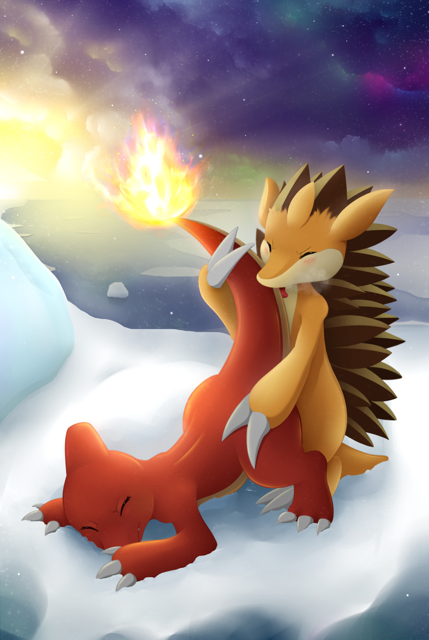 ambiguous_gender barefoot blush charmeleon claws duo eyes_closed female feral feral_on_feral fire from_behind hi_res ice interspecies lying male meraence nintendo nude on_front outside penetration pok&#233;mon pok&eacute;mon raised_tail sandslash sea sex shadow sharp_claws sharp_teeth shiny sky snow star straight tail_grab teeth thick_tail toe_claws tongue tongue_out video_games water