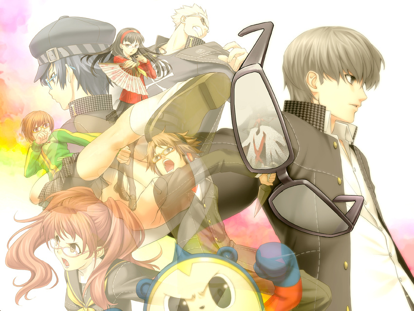 4girls amagi_yukiko androgynous bear bike_shorts black_hair blue_hair brown_eyes brown_hair cabbie_hat everyone fan fighting_stance glasses grey_eyes grey_hair hanamura_yousuke hat headband highres houndstooth izanami kicking kujikawa_rise kuma_(persona_4) long_hair multiple_boys multiple_girls narukami_yuu pantyhose persona persona_4 pink-framed_eyewear pink_hair reverse_trap satonaka_chie school_uniform serafuku shirogane_naoto short_hair skirt skull tatsumi_kanji tomboy twintails zen