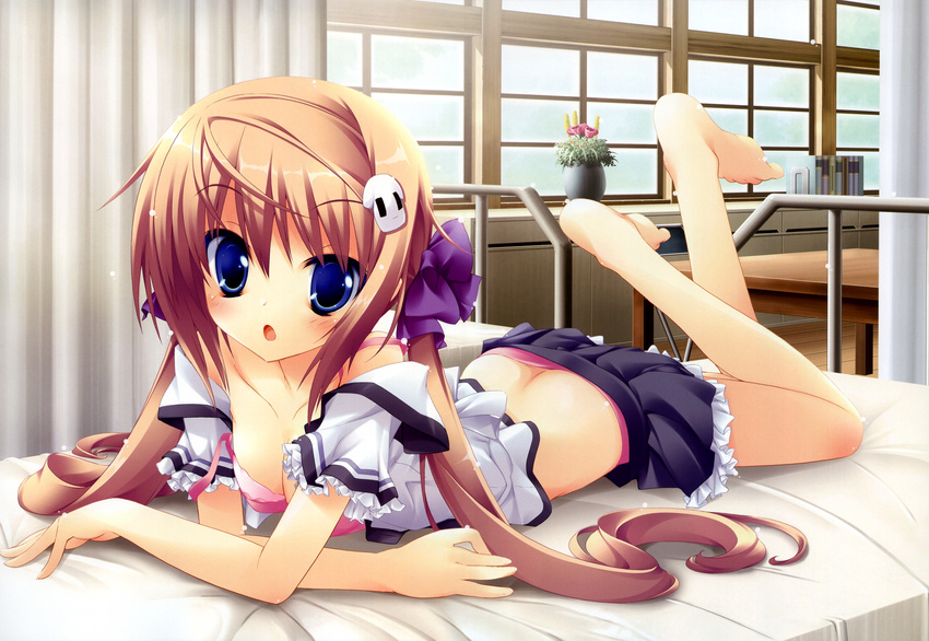 ass barefoot blue_eyes blush bra breasts brown_hair cleavage duplicate gotou_nao hair_ornament hair_ribbon hairclip highres koiiro_soramoyou lingerie long_hair lying medium_breasts open_clothes open_shirt panties pink_bra pink_panties plant potted_plant ribbon school_uniform shinohara_sera shirt twintails underwear window