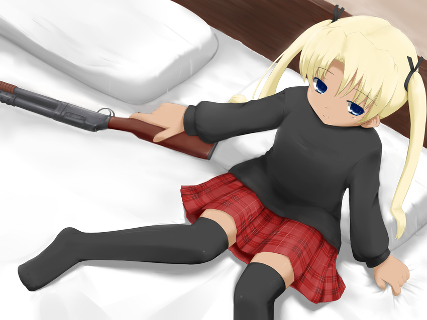 bad_id bad_pixiv_id bed blonde_hair blue_eyes dark_skin from_above gun gunslinger_girl hair_ornament hair_ribbon highres looking_up miniskirt pillow plaid plaid_skirt ribbon shotgun sitting skirt smile solo sweater thighhighs triela twintails v4_(cradle_garden) weapon zettai_ryouiki