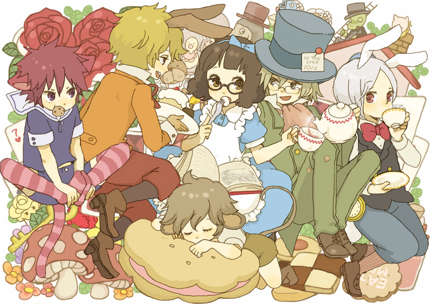 5boys alice_in_wonderland animal_ears bunny_ears cat_ears dress flower glasses highres mouse_ears multiple_boys mushroom striped striped_legwear tail tea thighhighs yukke