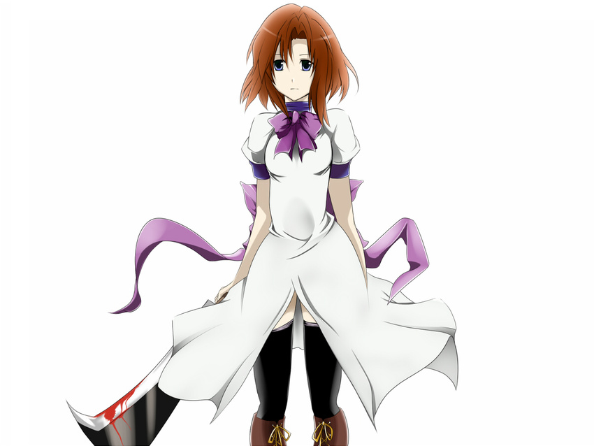 blood blue_eyes brown_hair hatchet higurashi_no_naku_koro_ni nemu_(nebusokugimi) nose_hatchet ryuuguu_rena short_hair solo thighhighs