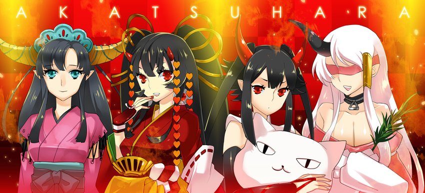 akatsuhara_empire bad_id bad_pixiv_id bare_shoulders black_hair blindfold blue_eyes breasts cleavage collar elbow_gloves gloves horns huge_breasts japanese_clothes kimono long_hair mami_(apsaras) multiple_girls nail_polish oni pixiv_fantasia pixiv_fantasia_3 pointy_ears red_eyes red_nails twintails white_hair