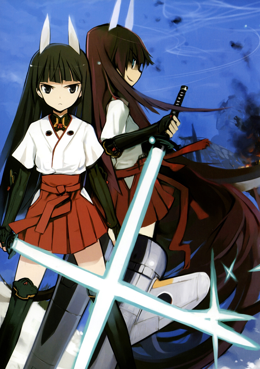 anabuki_tomoko animal_ears armor black_eyes black_hair blue_eyes brown_hair dual_persona energy_sword hakama_skirt highres japanese_armor japanese_clothes kote kurokote long_hair non-web_source official_art scan shimada_fumikane skirt striker_unit sword thighhighs weapon world_witches_series