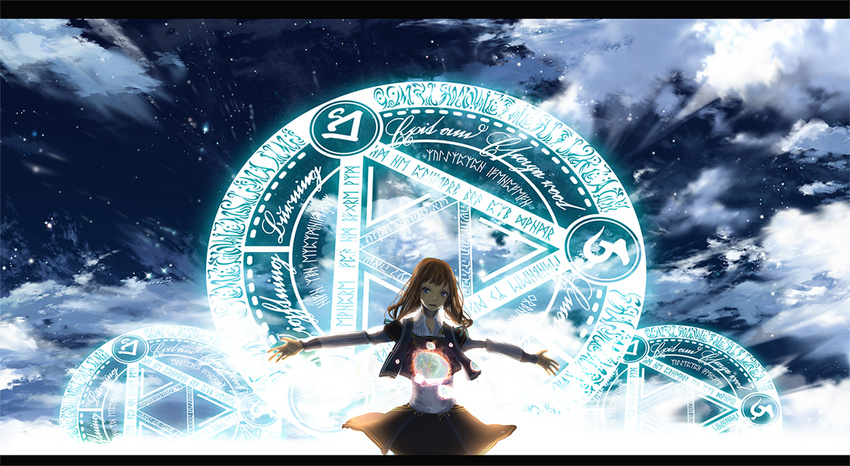 blue_eyes brown_hair cloud fantasy katou_taira long_hair magic magic_circle open_mouth pixiv_fantasia pixiv_fantasia_3 runes skirt sky solo standing