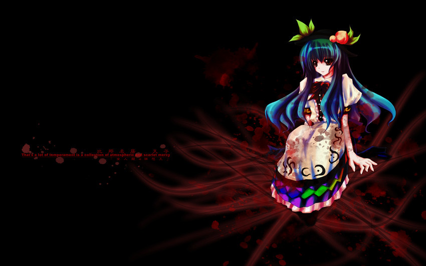 blood blue_hair engrish food fruit hat highres hinanawi_tenshi konoha_kuzunoki peach ranguage red_eyes solo touhou wallpaper