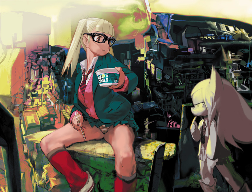 :t arched_back bangs black-framed_eyewear blonde_hair blouse blunt_bangs brown_eyes chopsticks cup_ramen eating finger_to_mouth full_mouth glasses kawaguchi_youhei leg_warmers looking_at_another miniskirt multiple_girls necktie original panties pantyshot pantyshot_(sitting) pleated_skirt rooftop school_uniform shoes sitting skirt sneakers striped striped_legwear thick_thighs thighs twintails underwear vest