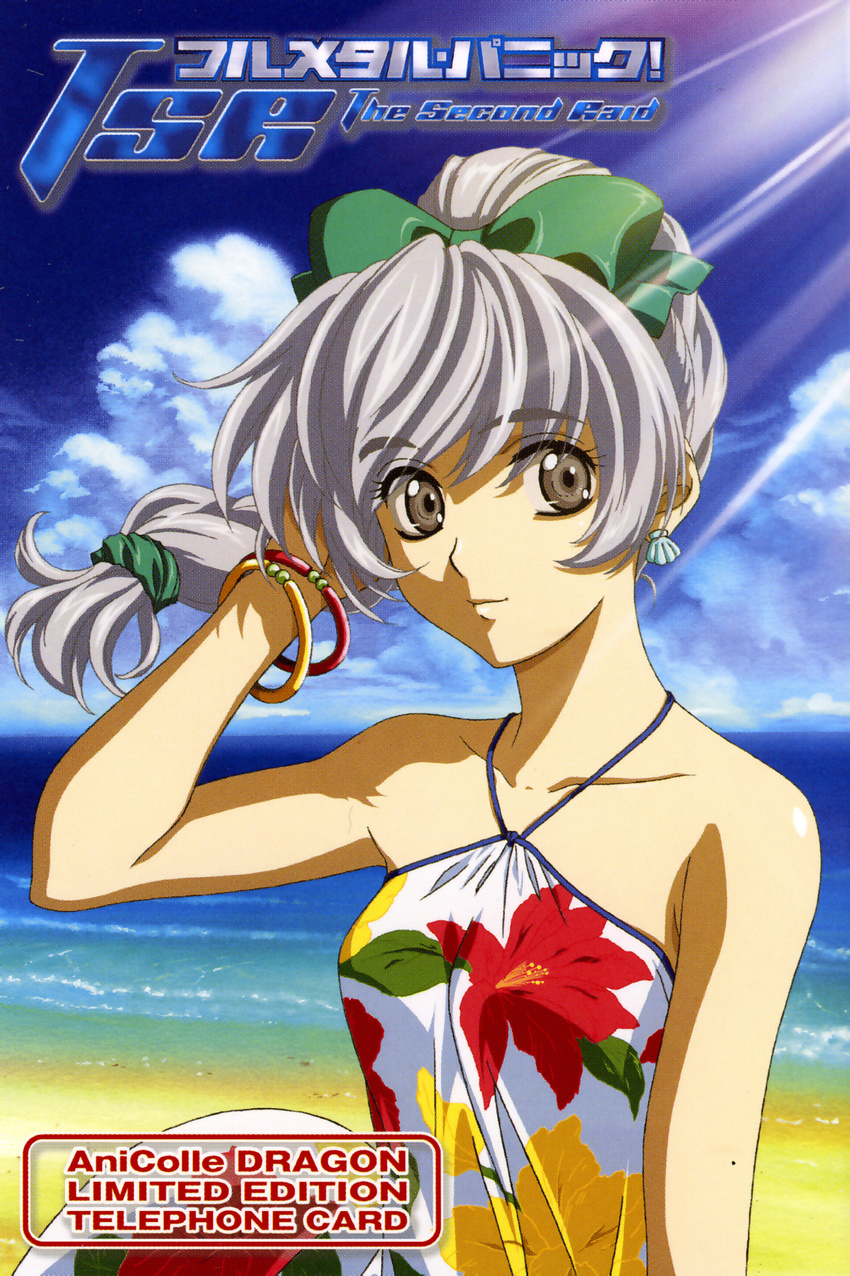 artist_request bare_shoulders beach bracelet braid day dress full_metal_panic! highres jewelry outdoors ponytail ribbon scan scan_artifacts silver_eyes silver_hair single_braid smile solo summer sundress teletha_testarossa wind