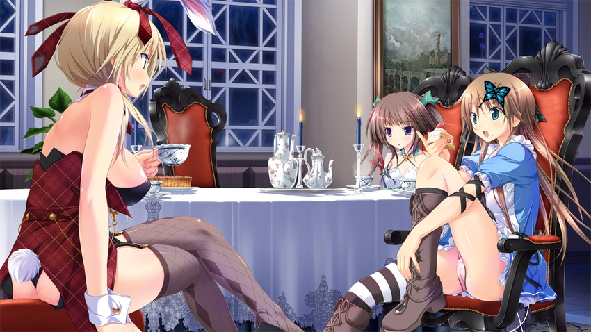 :o animal_ears arm_ribbon ass bare_back blonde_hair blue_eyes boots bow breasts brown_hair bunny_ears bunny_tail bunnysuit butterfly_hair_ornament candle chair cross-laced_footwear crossed_legs cup floral_print game_cg garter_straps green_eyes hair_bow hair_ornament hapymaher hirasaka_keiko indoors knee_boots kneehighs koku lace large_breasts legs_up long_hair multiple_girls open_mouth panties pink_panties plaid ribbon short_sleeves single_thighhigh sitting skirt striped striped_legwear sweat table tail tea teacup teapot thighhighs thong toriumi_arisu tsukimori_hiro underwear wrist_cuffs yayoi_b_lutwidge