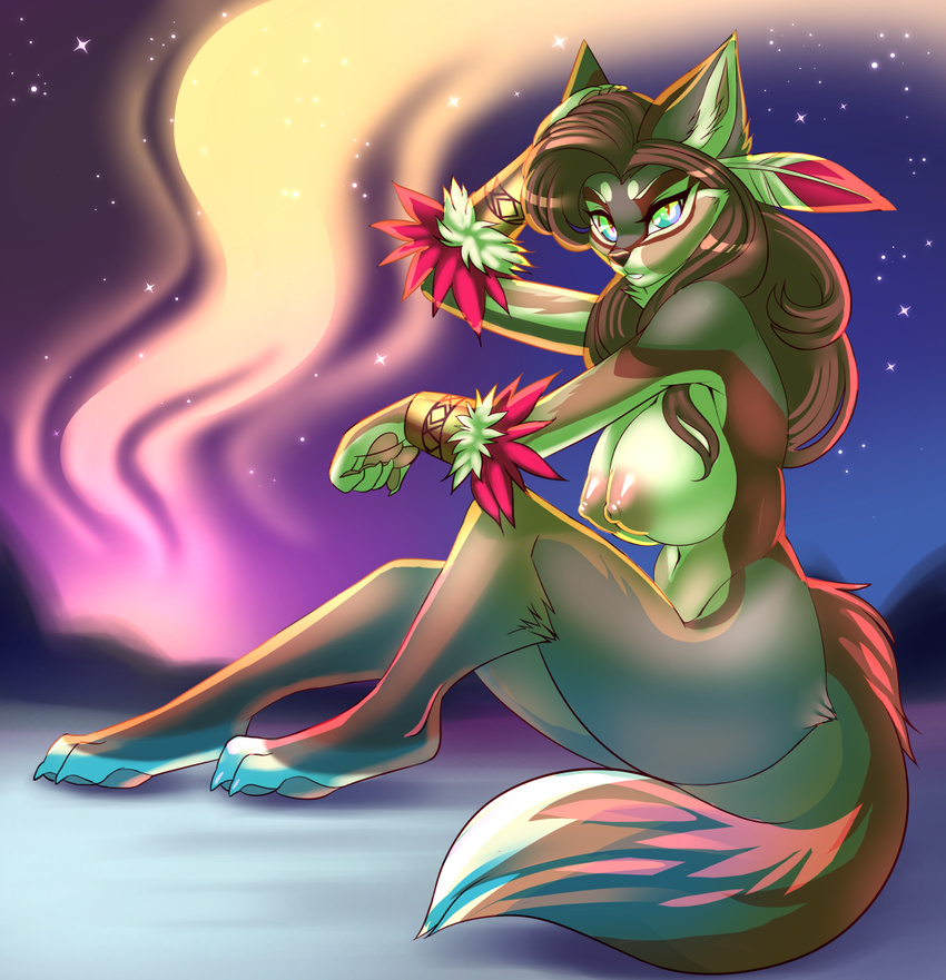 anthro barefoot big_nipples breasts butt canine claws feathers female fur hair long_hair looking_at_viewer mammal navel night nipples nude outside pawpads paws queen raised_arm royalty sharp_claws sif sitting sky solo star teeth toe_claws wolf